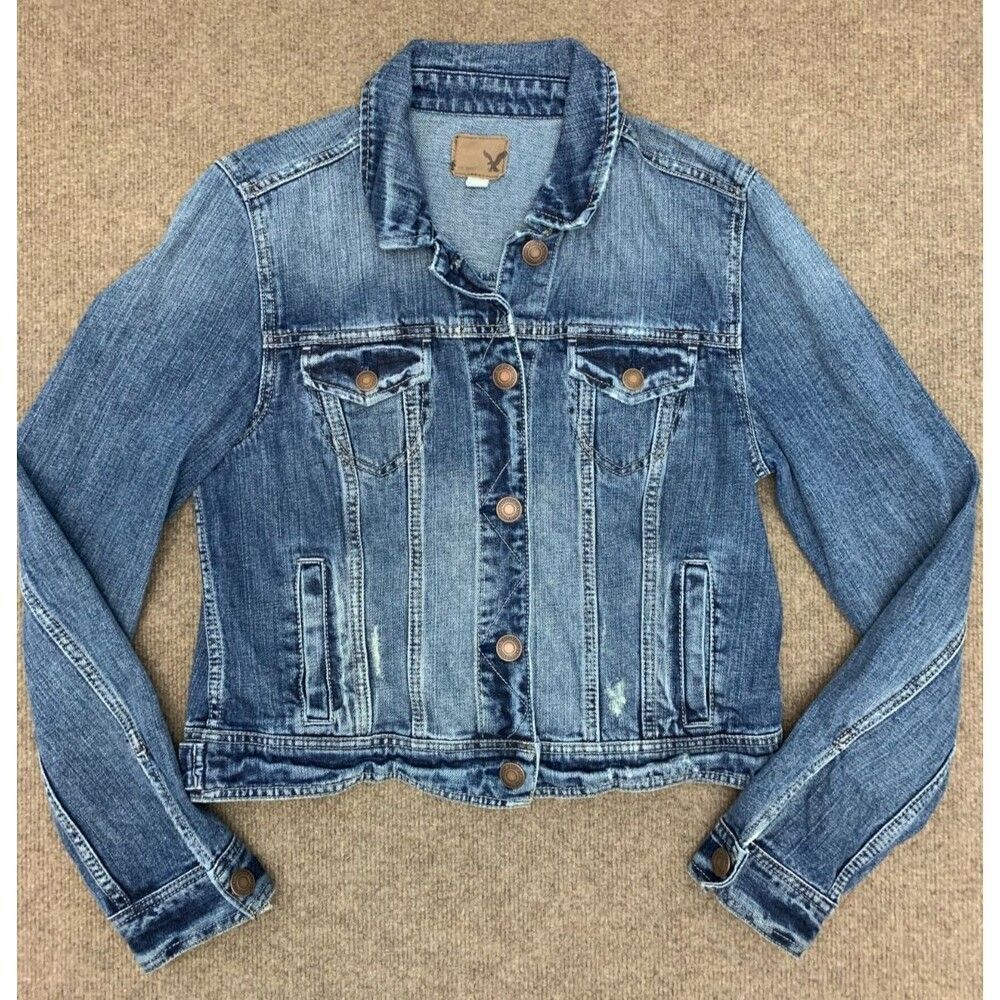 Vintage American Eagle Jacket Womens L Denim Trucker Type III Distressed Y2K